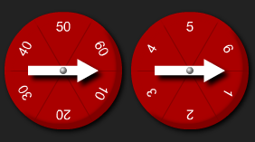 One spinner with the numbers 10, 20, 30, 40, 50 and 60; a second spinner with the numbers 1, 2, 3, 4, 5, 6.