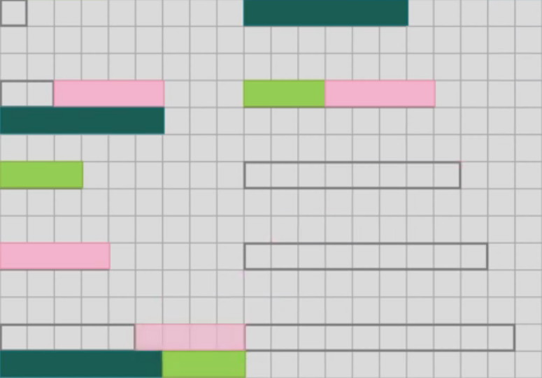 A grid showing combinations of rods: dark green and pink together leaving a gap of 2, a light green on its own to show 3, a pink on its own to show 4, dark and light green together to make 9, with 4 on top to leave a gap of 5, dark green on its own to make 6, and light green and pink together to make 7.