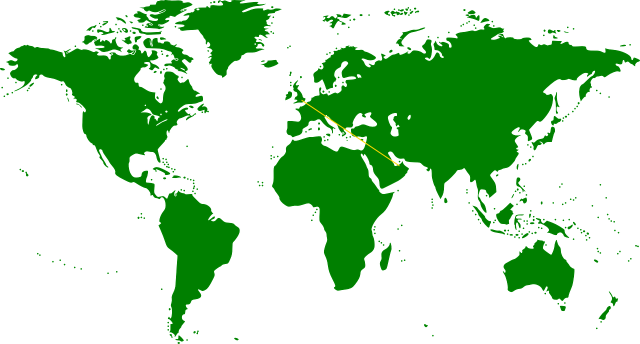 Map showing a straight line from London to Abu Dhabi