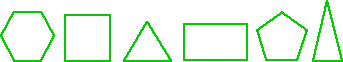 Polygons: regular hexagon, square, equilateral triangle, rectangle, regular pentagon, isosceles triangle